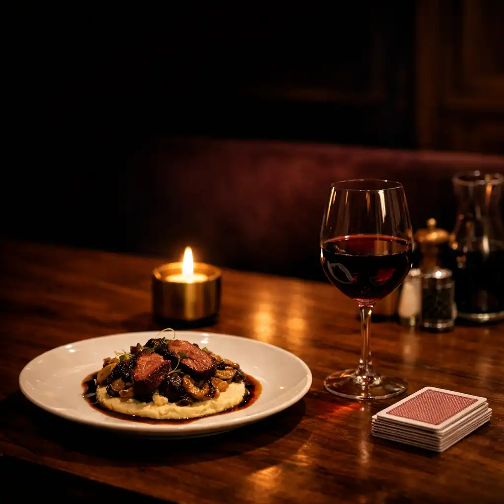Candlelit restaurant table with a plated dish, red wine and a deck of cards