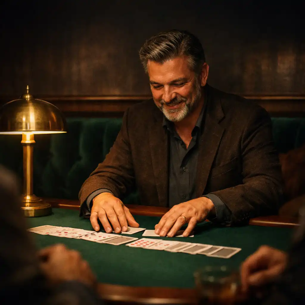 Host arranging cards at a refined green felt table in a softly lit lounge