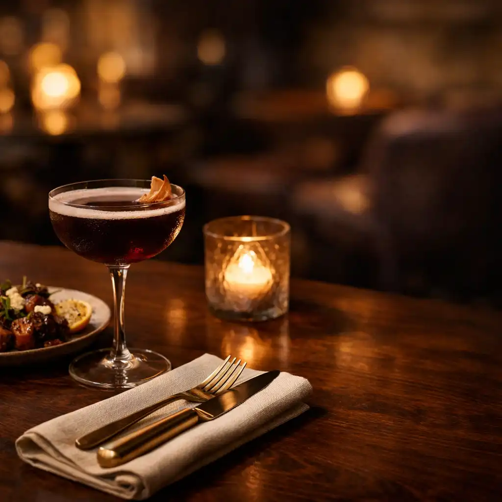 Late-night cocktail and share plate on a dark walnut restaurant table