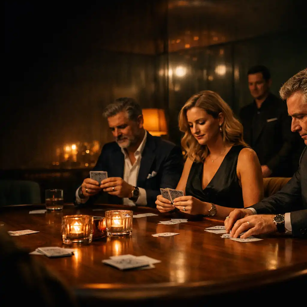 Guests and a host gathered around a walnut table in an offline card room