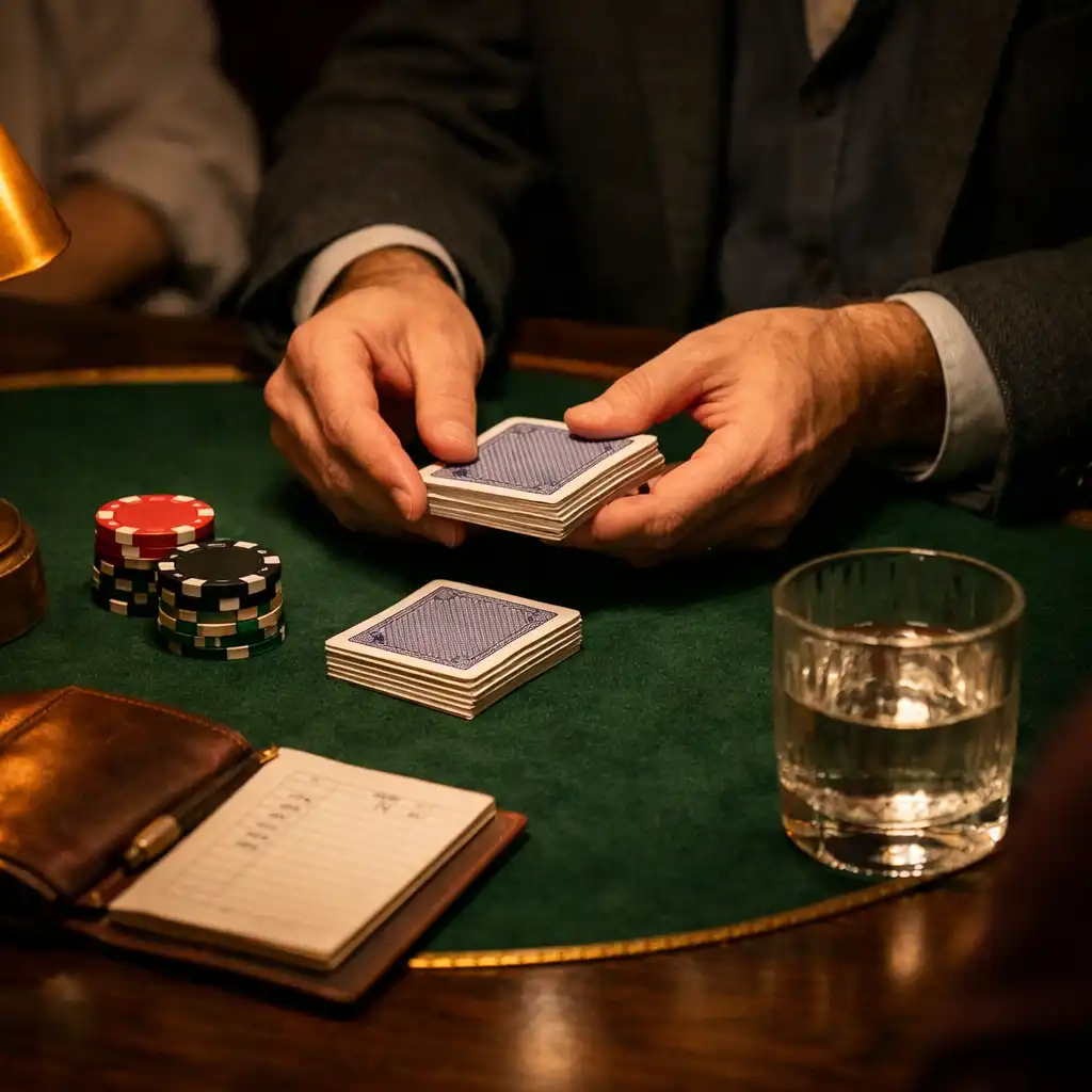 Host hands arranging standard playing cards on a bottle-green table