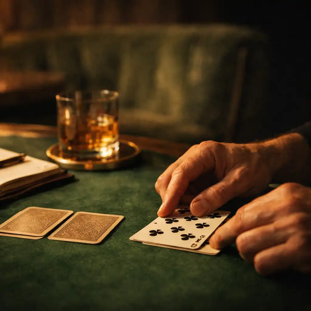 Hands arranging playing cards on a deep green felt table in an intimate lounge.