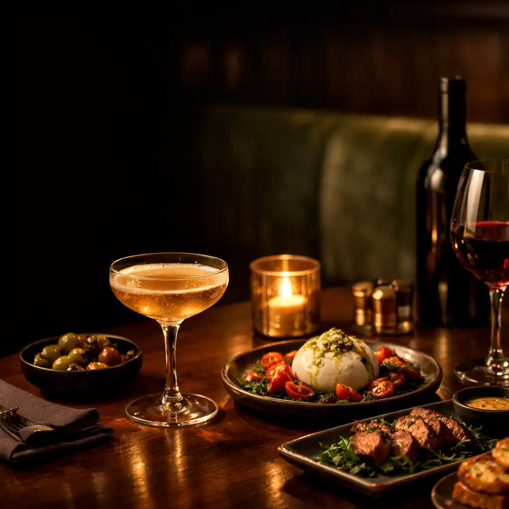Cocktail, red wine and shared small plates on a candlelit late-night table