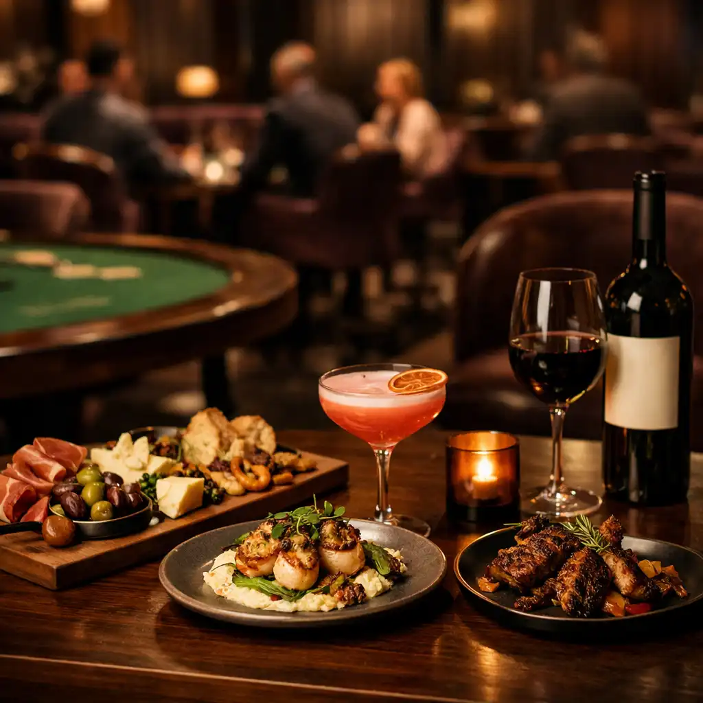 Plated dining, cocktail and wine beside a softly lit card lounge
