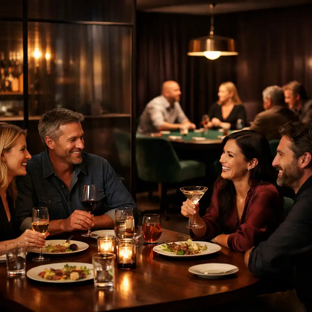 Friends sharing dinner with a softly lit card lounge in the background