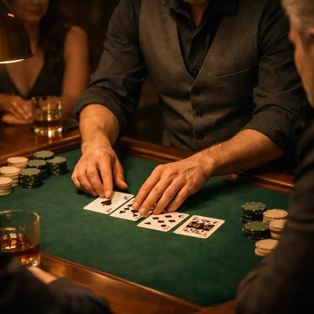 Host arranging cards on a green felt table during a private offline social gathering