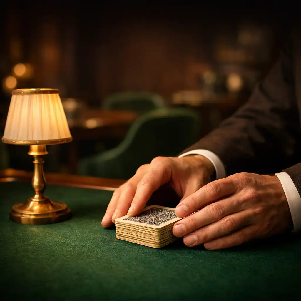 Host arranging classic playing cards on green felt