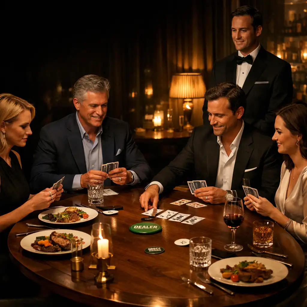 Friends gathered around a walnut table for a hosted card experience with supper and glassware.