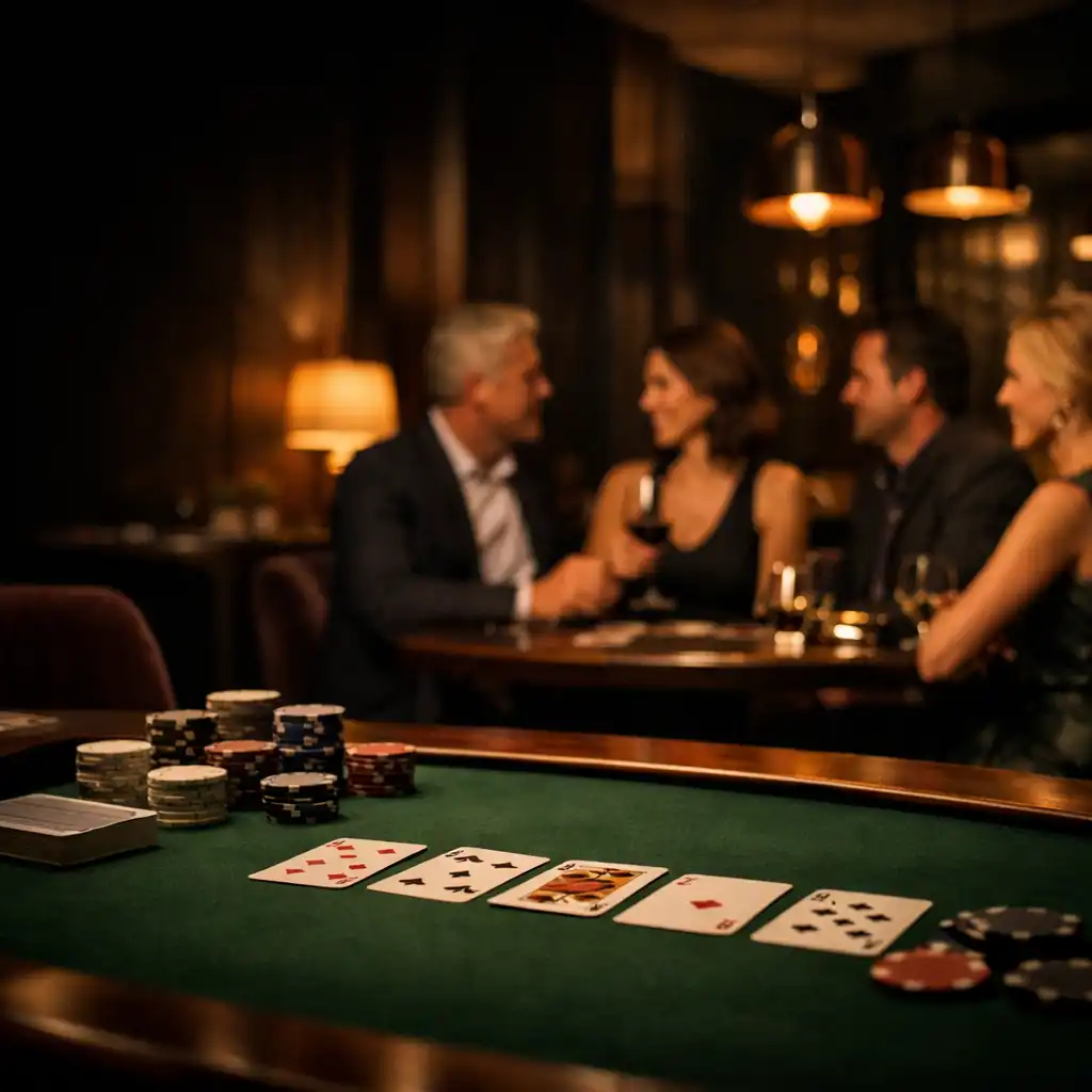 Hosted green felt table in an intimate offline poker lounge