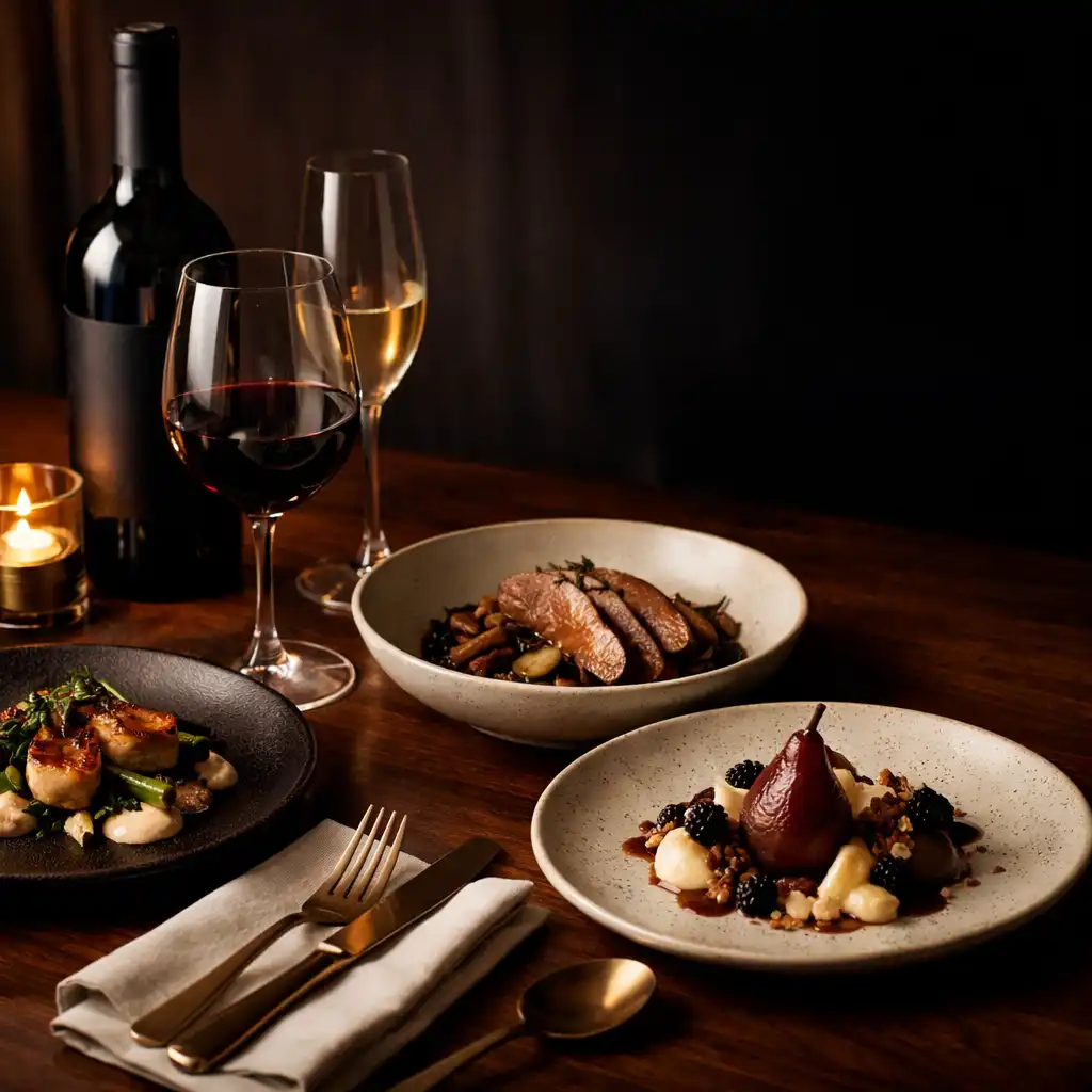 Plated seasonal dishes, stemware and a dark wine bottle on a walnut private-event table