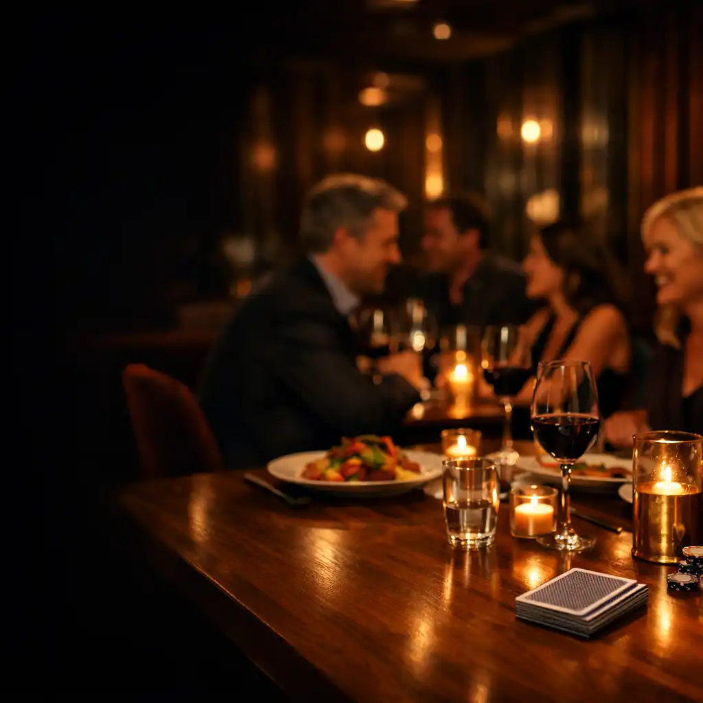 Guests gathered around a warmly lit private dining table with food, wine and cards