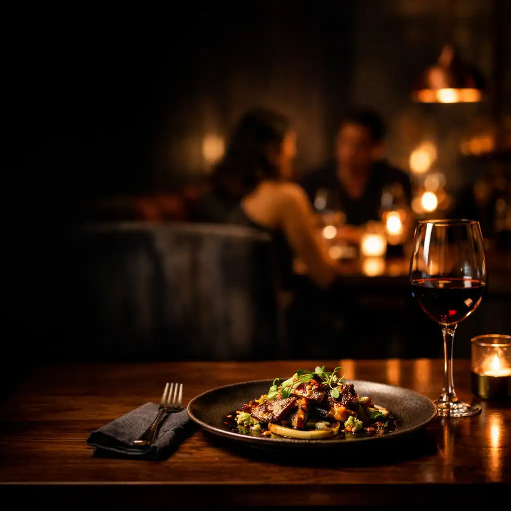 Candlelit dining table with a plated dish and wine glass in an intimate restaurant