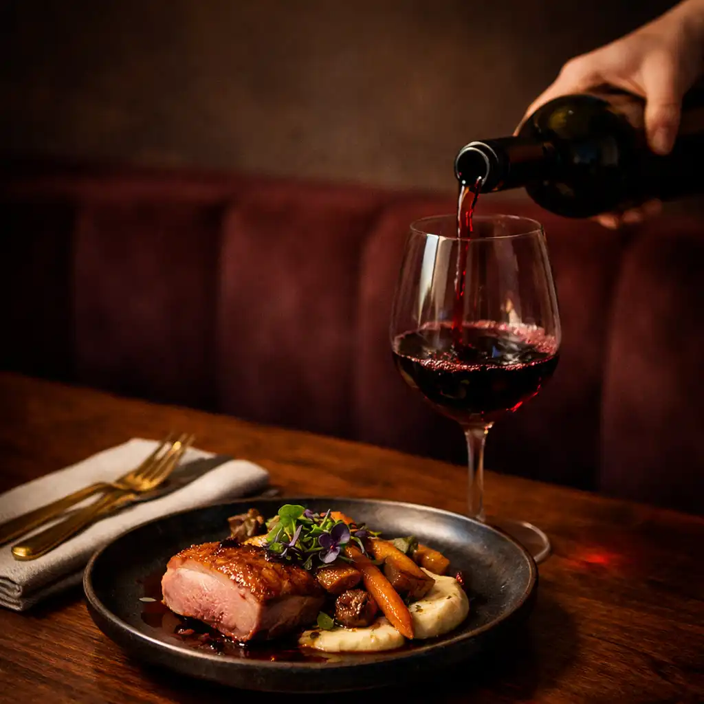 A seasonal plated dish as red wine is poured in a softly lit dining room.