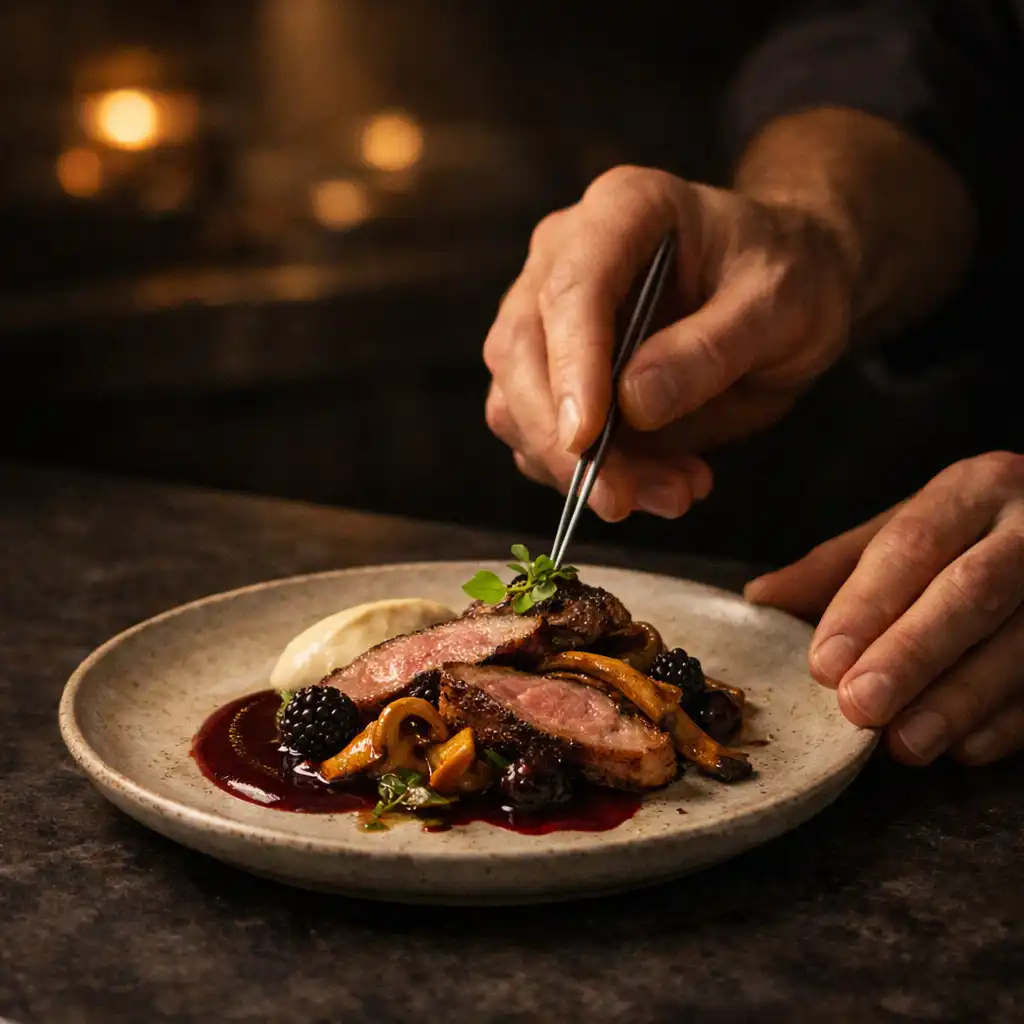 Chef’s hands finishing a carefully plated dish on a dark kitchen pass
