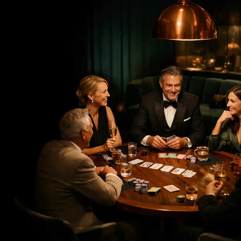A host and adult guests in relaxed conversation around a walnut table in an offline card lounge