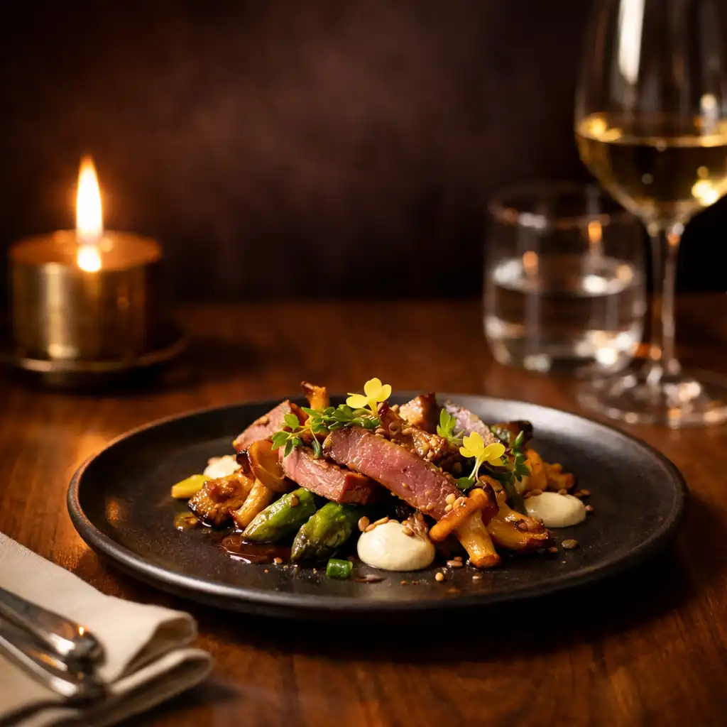 A seasonal plated dish on a dark ceramic plate in a low-lit dining room