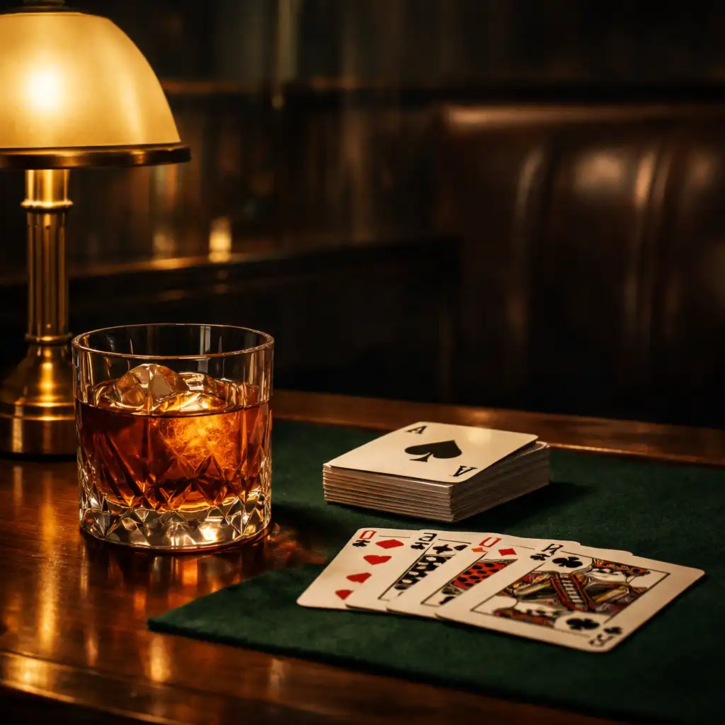 An amber cocktail and a neatly arranged deck of cards on a dark green felt-topped table