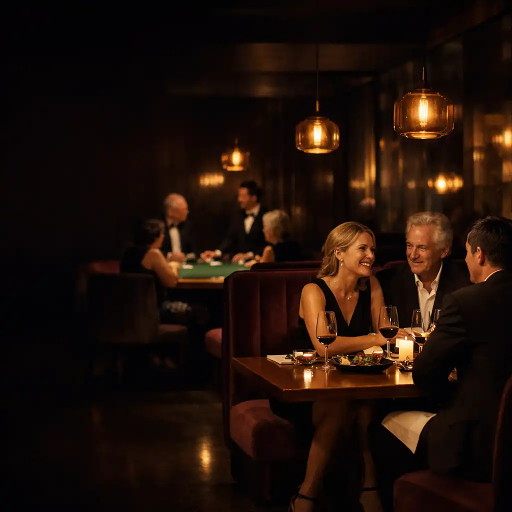 Warmly lit dining room with guests at tables and a discreet hosted card table deeper in the room