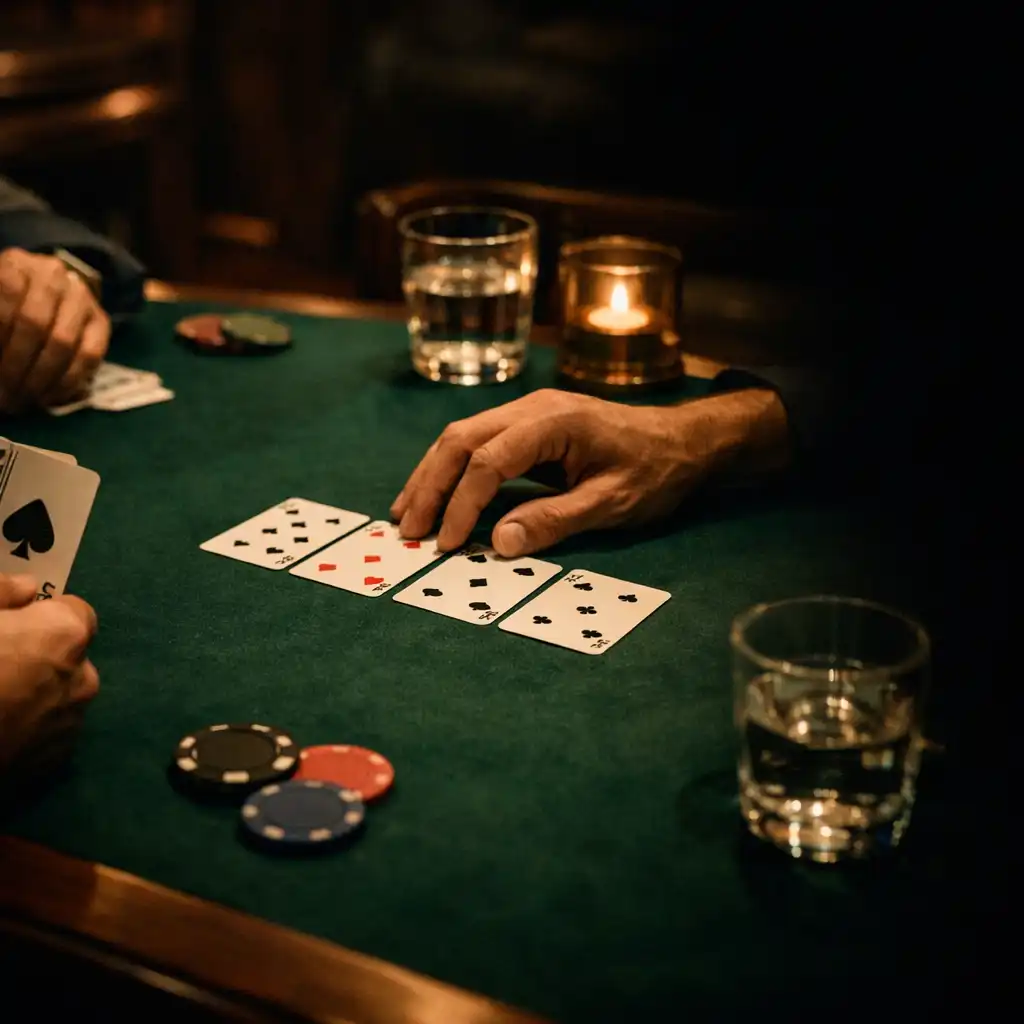 Adult hands arranging playing cards on a deep green felt table in a refined lounge