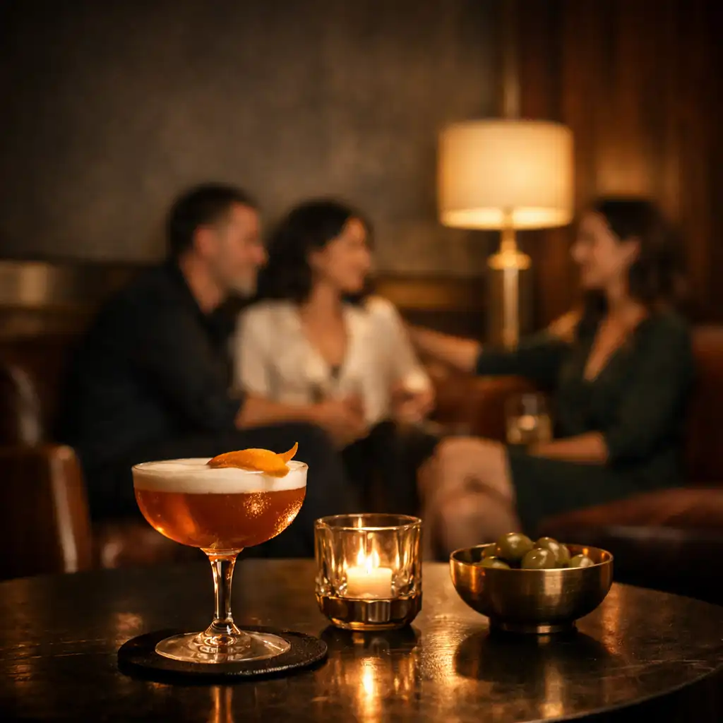 Cocktail on a dark table with a softly lit group in velvet lounge seating behind it